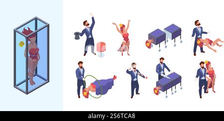 Magic performers. Fairytale circus show for kids attraction with actors magicians gaudi garish vector isometric illustrations set. Magical showing, illusion and mystery, illusionist trick performer. Magic performers. Fairytale circus show for kids attraction with actors magicians gaudi garish vector isometric illustrations set Stock Vector