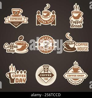 Coffee logo. Mug with coffee beans symbols for logo design stylized steam of hot drinks recent vector badges templates. Illustration coffeehouse emblem, business shop cafe logo. Coffee logo. Mug with coffee beans symbols for logo design stylized steam of hot drinks recent vector badges templates Stock Vector