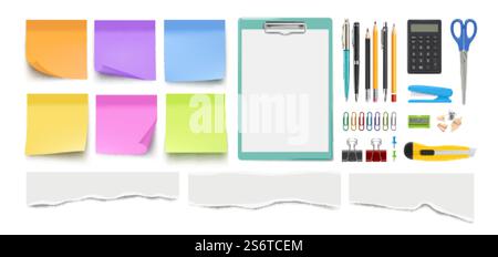Stationery collection. Realistic pen pencil, notes sheets. Isolated scissors, paper clips and ripped edge pieces vector set. Pencil and pen stationery, office mockup illustration. Stationery collection. Realistic pen pencil, notes sheets. Isolated scissors, paper clips and ripped edge pieces vector set Stock Vector