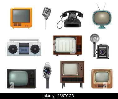 Old style technics. 80s retro household gadgets stationary items tv set typewriting machines telephone decent vector realistic pictures set. Old tv and radio, object electronic 80s illustration. Old style technics. 80s retro household gadgets stationary items tv set typewriting machines telephone decent vector realistic pictures set Stock Vector