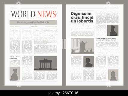 Newspaper pages. Brochure layout wireframes template magazine column with headlines garish vector set. Illustration newsprint and magazine column, brochure content. Newspaper pages. Brochure layout wireframes template magazine column with headlines garish vector set Stock Vector
