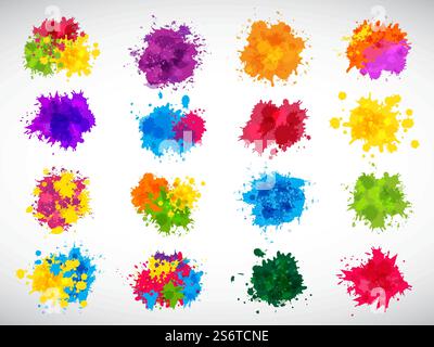 Color splashes. Abstract ink brushes shapes liquid colored templates splatters magenta yellow blue recent vector illustrations set for design projects. Paint brush ink, shape stain spot, splash grunge. Color splashes. Abstract ink brushes shapes liquid colored templates splatters magenta yellow blue recent vector illustrations set for design projects Stock Vector