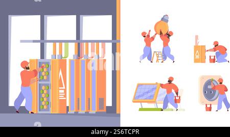Electrician workers. Stylized characters installing electrically systems repair processes energy systems garish vector illustrations collection set. Electrician worker, job character man. Electrician workers. Stylized characters installing electrically systems repair processes energy systems garish vector illustrations collection set Stock Vector