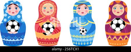 Russian doll and football ball. Matryoshka hold balls, welcome to Russia. Flat soccer game decorative elements vector set. Illustration football doll russia, soccer traditional merchandising. Russian doll and football ball. Matryoshka hold balls, welcome to Russia. Flat soccer game decorative elements vector set Stock Vector