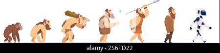 Human evolution. From monkey to cyborg historical concept exact vector revolutionizing characters. Illustration monkey evolution and development from homo to robot. Human evolution. From monkey to cyborg historical concept exact vector revolutionizing characters Stock Vector