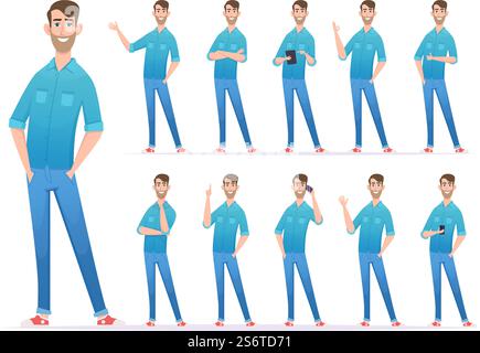 Casual style man. Gestures of man in denim jeans confident presenter looking characters exact vector person in action poses. Young casual adult in jeans, gesture character man illustration. Casual style man. Gestures of man in denim jeans confident presenter looking characters exact vector person in action poses Stock Vector