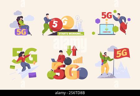 5g characters. Fast mobile internet future technologies high speed network garish vector concept pictures set collection. Illustration internet 5g, wireless fast connection. 5g characters. Fast mobile internet future technologies high speed network garish vector concept pictures set collection Stock Vector