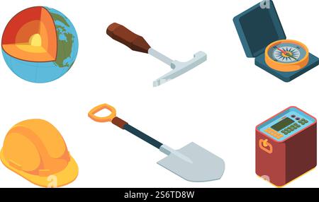 Earth exploration. Isometric geologist equipment ground layers mantle of earth technology processes garish vector illustrations isolated. Exploration science, helmet and magma cut, compass and shovel. Earth exploration. Isometric geologist equipment ground layers mantle of earth technology processes garish vector colored illustrations isolated Stock Vector