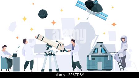 Planetarium characters. Scientific space research exploring universe planets in telescope garish vector flat concept background. Illustration universe education, people astronomy. Planetarium characters. Scientific space research exploring universe planets in telescope garish vector flat concept background Stock Vector