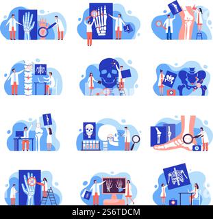 Orthopedic medicine. Concept scenes with human body xray problem demonstration for doctor skeleton bones of patients recent vector orthopedic. Illustration joint orthopedic, body rehabilitation. Orthopedic medicine. Concept scenes with human body xray problem demonstration for doctor skeleton bones of patients recent vector orthopedic pictures in flat style Stock Vector