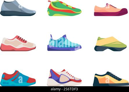 Sport sneakers. Fashioned shoes footwear for active healthy lifestyle garish vector casual sneakers flat illustrations. Shoe and footwear, sport sneaker. Sport sneakers. Fashioned shoes footwear for active healthy lifestyle garish vector casual sneakers flat illustrations Stock Vector