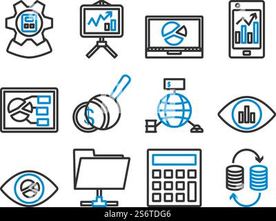 Analytics Icon Set. Editable Bold Outline With Color Fill Design. Vector Illustration. Stock Vector