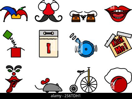 Fool&rsquo;s Day Icon Set. Editable Bold Outline With Color Fill Design. Vector Illustration. Stock Vector