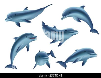 Swim dolphins. Aquarium or ocean underwater marine animals big funny and kind fishes decent vector 3d dolphins in action poses. Illustration dolphin fish aquatic with flipper, underwater marine animal. Swim dolphins. Aquarium or ocean underwater marine animals big funny and kind fishes decent vector 3d dolphins in action poses Stock Vector