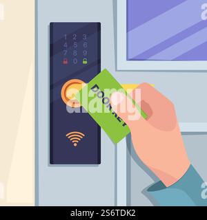Digital card for handle door. Hand holding wireless card for smart electronic lock with sensor reader in hotel room key machine control system garish vector. Lock door, security card illustration. Digital card for handle door. Hand holding wireless card for smart electronic lock with sensor reader in hotel room key machine control system garish vector concept Stock Vector