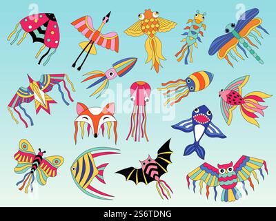 Kites animals. Flying colored kites for happy kids air attractions outdoor recent vector flat pictures. Illustration shark and fox, fish and octopus. Kites animals. Flying colored kites for happy kids air attractions outdoor recent vector flat pictures Stock Vector