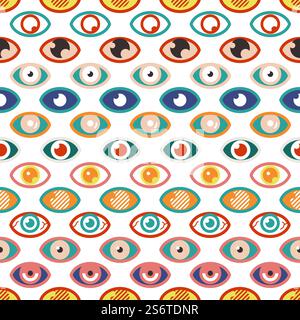 Abstract eye pattern. Color eyes, occult geometric seamless texture. Contemporary bright vision print, medical ophthalmology vector background. Illustration seamless look eye pattern. Abstract eye pattern. Color eyes, occult geometric seamless texture. Contemporary bright vision print, medical ophthalmology vector background Stock Vector