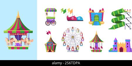 Attraction kids. Amusement park symbols children game machines carousel swing inflatable catapult wheel rides garish vector flat pictures collection. Illustration entertainment and amusement park. Attraction kids. Amusement park symbols children game machines carousel swing inflatable catapult wheel rides garish vector flat pictures collection Stock Vector
