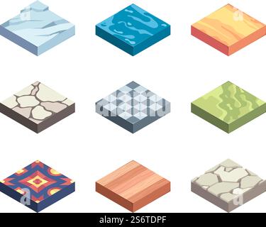 Ground textures. Game templates surfaces on platforms earth layers sand grass rocks water ice garish vector isometric 3d samples. Illustration surface stone and ground, rock tile. Ground textures. Game templates surfaces on platforms earth layers sand grass rocks water ice garish vector isometric 3d samples Stock Vector