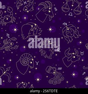 Zodiac pattern. Horoscope symbols for textile design projects universe stars gemini capricorn aquarius cancer leo seamless background. Vector astrology sky, astronomy star wallpaper illustration. Zodiac pattern. Horoscope symbols for textile design projects universe stars gemini capricorn aquarius cancer leo recent seamless background Stock Vector