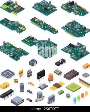 Microchip hardware. Manufacturing computer power green motherboards with small chip for electronic devices garish vector isometric illustrations. Microchip hardware, processor and motherboard. Microchip hardware. Manufacturing computer power green motherboards with small chip for electronic devices garish vector isometric illustrations Stock Vector