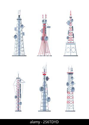 Communication towers. Technological modern network wireless systems telecommunication smart buildings garish vector pictures set isolated. Illustration wireless transmission antenna. Communication towers. Technological modern network wireless systems telecommunication smart buildings garish vector pictures set isolated Stock Vector