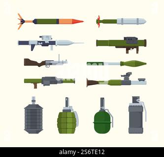 Military weapons. Items for army heavy artillery flying bombs launchers of granade steel bazookas explosive detonators vector illustrations of weapons. Explosive detonator, granade steel, army defence. Military weapons. Items for army heavy artillery flying bombs launchers of granade steel bazookas explosive detonators garish vector illustrations of weapons Stock Vector