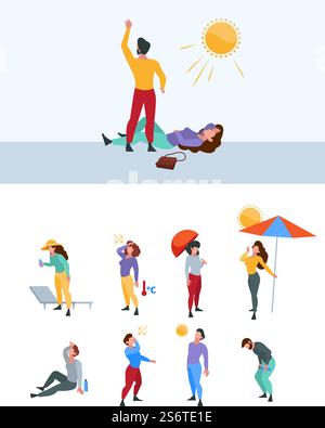 Summer warm person. Hot body sweaty tired unhealthy people in sunlight time outdoor characters with high temperature vector illustrations. Dehydration from sunstroke, prevention healthcare protection. Summer warm person. Hot body sweaty tired unhealthy people in sunlight time outdoor characters with high temperature garish vector flat illustrations Stock Vector
