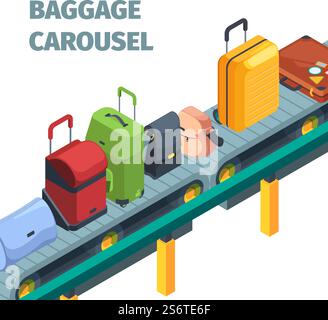 Isometric suitcase. Travel bags on airport terminal conveyor luggage styling colored bags garish vector collection. Conveyor luggage belt in airport illustration. Isometric suitcase. Travel bags on airport terminal conveyor luggage styling colored bags garish vector collection Stock Vector