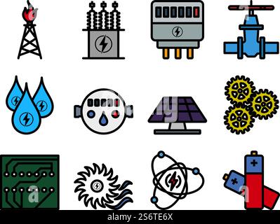 Energy Icon Set. Editable Bold Outline With Color Fill Design. Vector Illustration. Stock Vector