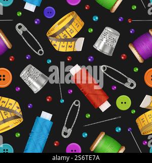 Sewing pattern. Thread reels needles scissors sewing machine measure tape decent vector seamless background with tailor hobby supplies. Illustration pattern thread and fashion handmade. Sewing pattern. Thread reels needles scissors sewing machine measure tape decent vector seamless background with tailor hobby supplies Stock Vector