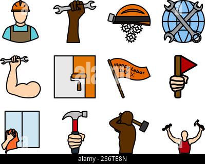 Labor Icon Set. Editable Bold Outline With Color Fill Design. Vector Illustration. Stock Vector