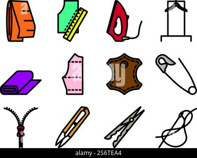 Sewing Icon Set. Editable Bold Outline With Color Fill Design. Vector Illustration. Stock Vector