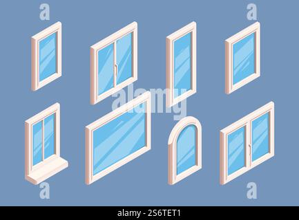 Window isometric. Industrial aluminium white frames for glasses room indoor window corners garish vector 3d templates collection. Window white isometric for house or home. Window isometric. Industrial aluminium white frames for glasses room indoor window corners garish vector 3d templates collection Stock Vector