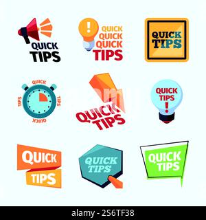 Quick tips. Creative promotional stickers label reinders with place for text think education messages garish vector ads quick tips collection. Helpful tips service, support special badges illustration. Quick tips. Creative promotional stickers label reinders with place for text think education messages garish vector ads quick tips collection Stock Vector