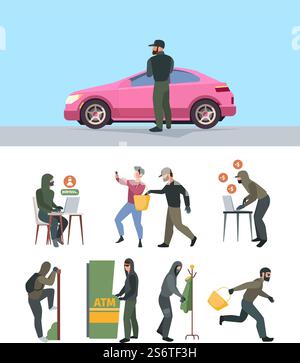 Robbery persons. Bad scary and dangerous asked thieves handbag victim burglary characters computer hackers garish vector colored flat illustrations isolated. Man criminal and burglar, crime burglary. Robbery persons. Bad scary and dangerous asked thieves handbag victim burglary characters computer hackers garish vector colored flat illustrations isolated Stock Vector