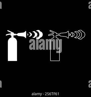 Fire extinguisher in action with foam bubbles jet for extinguishing puts out fire fighting set icon white color vector illustration image simple solid fill outline contour line thin flat style. Fire extinguisher in action with foam bubbles jet for extinguishing puts out fire fighting set icon white color vector illustration image solid fill outline contour line thin flat style Stock Vector