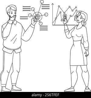 data visualisation man woman chart. Black Line Pencil Drawing Vector. digital concept. network technology. analysis big data science character web Illustration. data visualisation vector Stock Vector