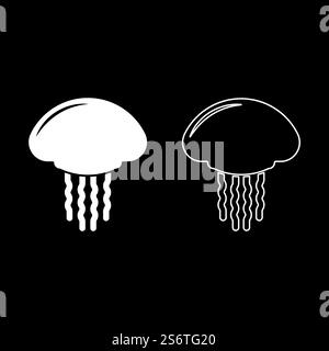 Jellyfish set icon white color vector illustration image simple solid fill outline contour line thin flat style. Jellyfish set icon white color vector illustration image solid fill outline contour line thin flat style Stock Vector