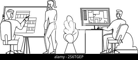 Architect Man And Woman Work At Workspace Black Line Pencil Drawing Vector. Architect Workers Drawing Construction On Paper List And On Computer Screen. Characters At Office Workplace Illustration. Architect Man And Woman Work At Workspace Vector Stock Vector