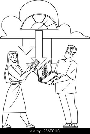 Man And Girl Downloading From Cloud Storage Black Line Pencil Drawing Vector. Users Download Media Files And Digital Documentation From Cloud On Laptop And Smartphone Electronic Device. Characters. Man And Girl Downloading From Cloud Storage Vector Stock Vector