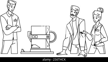 Engineers Working And Create Equipment Black Line Pencil Drawing Vector. Men And Woman Engineers Working Together And Discussing About Development Modern Device. Characters Occupation Illustration. Engineers Working And Create Equipment Vector Stock Vector