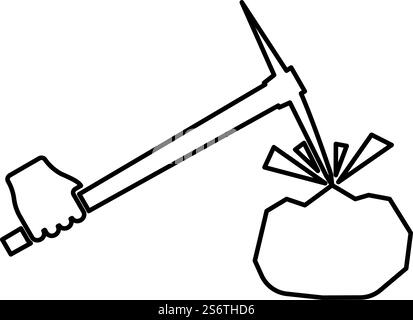 Pickaxe mining beats stones flying Holding in hand contour outline line icon black color vector illustration image thin flat style simple. Pickaxe mining beats stones flying Holding in hand contour outline line icon black color vector illustration image thin flat style Stock Vector