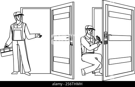 Locksmith Door Repair Fix Or Install Lock Black Line Pencil Drawing Vector. Repairman Repairing, Installing Or Changing Lock. Character Service Worker Man Professional Fix Occupation Illustration. Locksmith Door Repair Fix Or Install Lock Vector Stock Vector