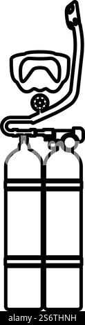 Set of skin-diver scuba diver mask snorkel aqualung dive tank cylinders balloon diving gear contour outline line icon black color vector illustration image thin flat style simple. Set of skin-diver scuba diver mask snorkel aqualung dive tank cylinders balloon diving gear contour outline line icon black color vector illustration image thin flat style Stock Vector