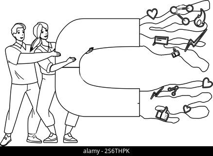 Social Media Marketing Online Business Black Line Pencil Drawing Vector. Man And Woman With Magnet Doing Social Media Marketing In Internet. Characters Managers Smm Professional Occupation. Social Media Marketing Online Business Vector Stock Vector