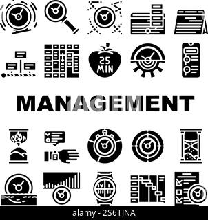 Time Management And Planning Icons Set Vector. Timeline And Check List For Time Management And Plan, Stop Watch Calendar Accessory. Project Deadline Managing Tasks Glyph Pictograms Black Illustrations. Time Management And Planning Icons Set Vector Stock Vector