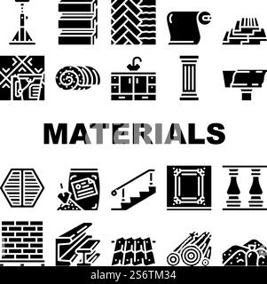 Building Materials And Supplies Icons Set Vector. Brick And Sand, Lumber And Plywood, Flooring And Roof Building Materials Line. Kitchen Bath Cabinets Furniture Glyph Pictograms Black Illustrations. Building Materials And Supplies Icons Set Vector Stock Vector