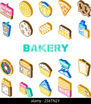 Bakery Delicious Dessert Food Icons Set Vector. Bakery Pretzel And Cake Pie With Cherry And Cream, Creamy Muffin And Donut, Pastry Bun And Bread Toast Isometric Sign Color Illustrations. Bakery Delicious Dessert Food Icons Set Vector Stock Vector