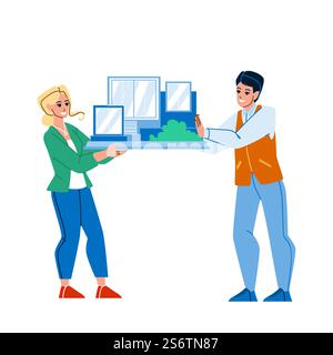 Architectural Model Presenting Architects Vector. Building Architectural Model Showing Man And Woman Workers. Characters Show House Construction Mockup Together Flat Cartoon Illustration. Architectural Model Presenting Architects Vector Stock Vector